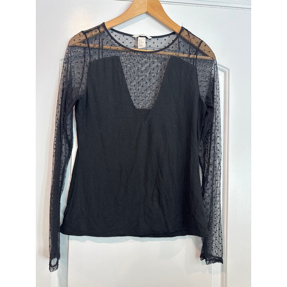H&M black long-sleeve v-neckline top sheer Swiss-dot mesh sleeves Sz Med